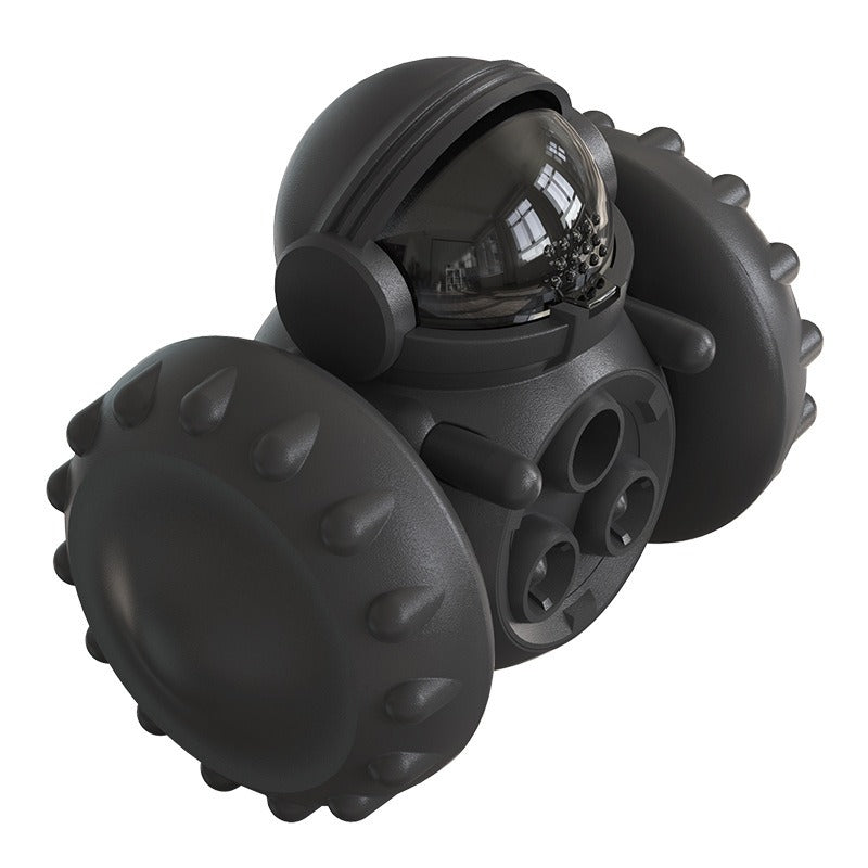 Interactive Tumbler Balance Car Feeder - Slow Feed Toy for Cats & Dogs in black with textured wheels and a transparent central feeding compartment designed to engage pets.