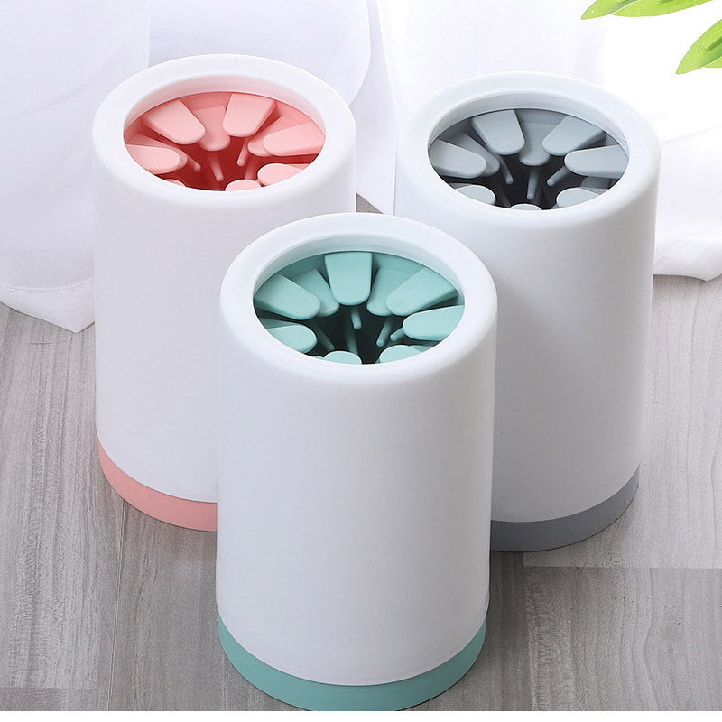 Three Portable Dog Foot Washer - Professional Muddy Paw Cleaning Cup in pastel pink, gray, and blue, designed for easy cleaning of muddy paws.