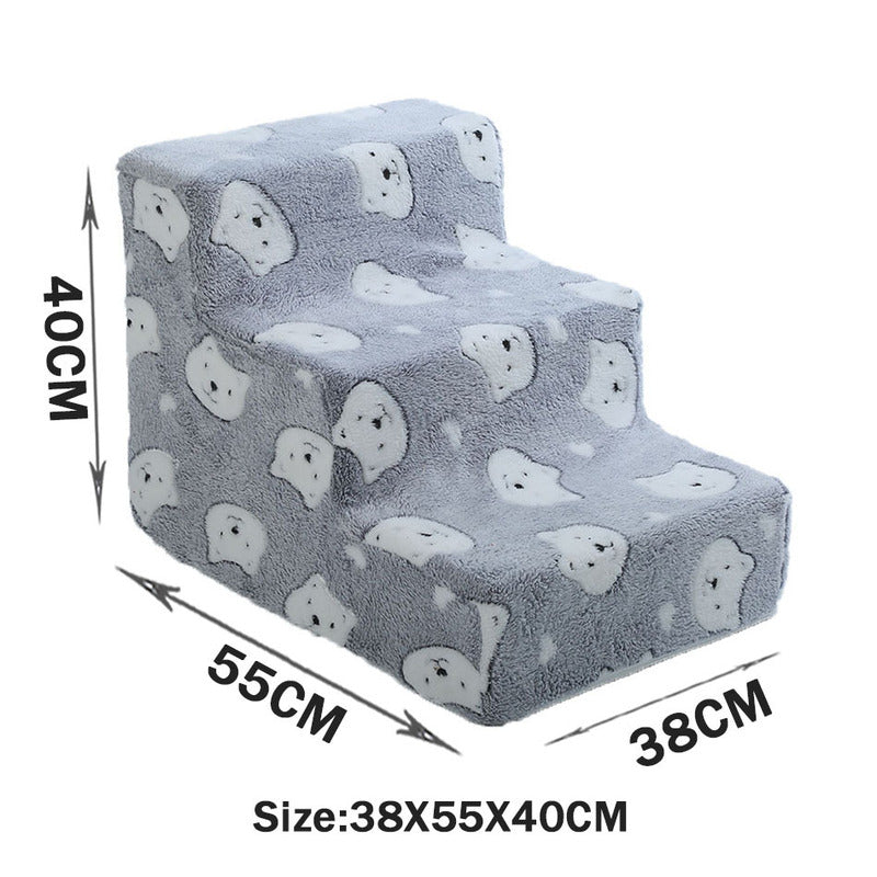 Tiered High-Density Foam Pet Stairs - Nonslip Pet Steps for High Beds & Sofas - Easy-Access Joint Support in gray with a soft bear pattern, measuring 38x55x40 cm.