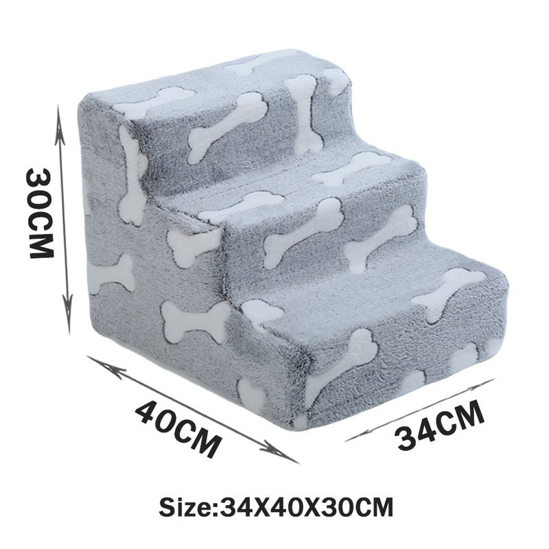 Tiered High-Density Foam Pet Stairs - Nonslip Pet Steps for High Beds & Sofas - Easy-Access Joint Support, featuring gray soft plush with white bone patterns and compact dimensions.