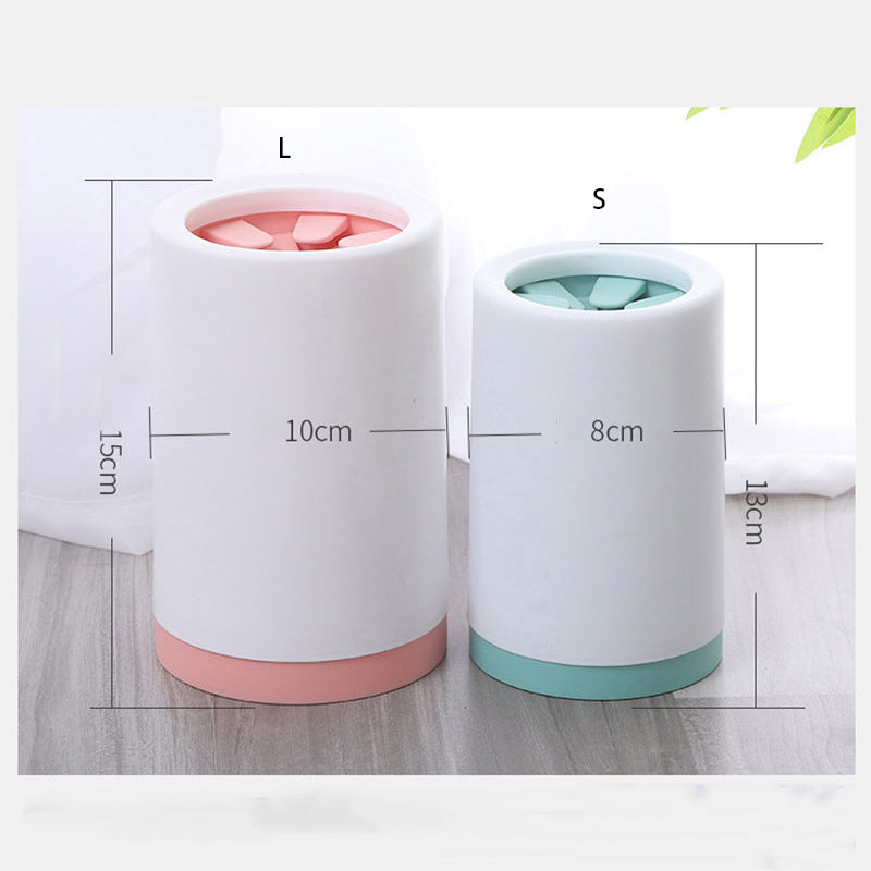 Two sizes of the Portable Dog Foot Washer - Professional Muddy Paw Cleaning Cup in white with pink and green accents, shown with dimension measurements.