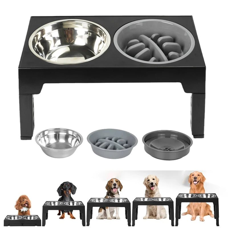 Adjustable Elevated Slow Feeding Station - Orthopedic Raised Stand with Anti-Choke Bowl featuring stainless steel and gray slow feeder inserts, shown in various sizes with different dog breeds.