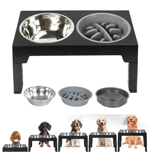 Adjustable Elevated Slow Feeding Station - Orthopedic Raised Stand with Anti-Choke Bowl featuring stainless steel and gray slow feeder inserts, shown in various sizes with different dog breeds.