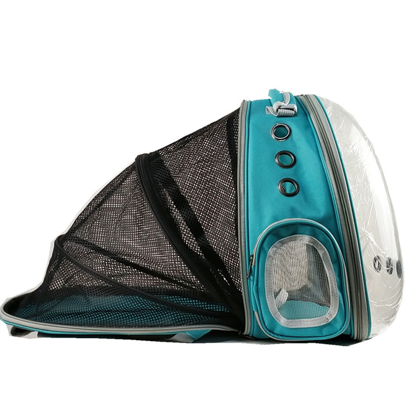 Side view of a teal and black Panoramic Expandable Space Capsule - Premium Pet Travel Backpack with a transparent front dome and expandable mesh area for ventilation and comfort during travel.