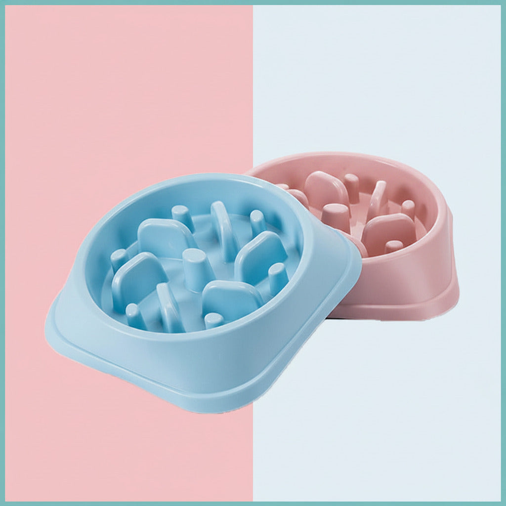 Two Jungle Pillar Slow Feeder - Heavy-Duty Anti-Choke Dog Bowls in pastel blue and pink colors, designed with raised pillars to slow down fast eaters.