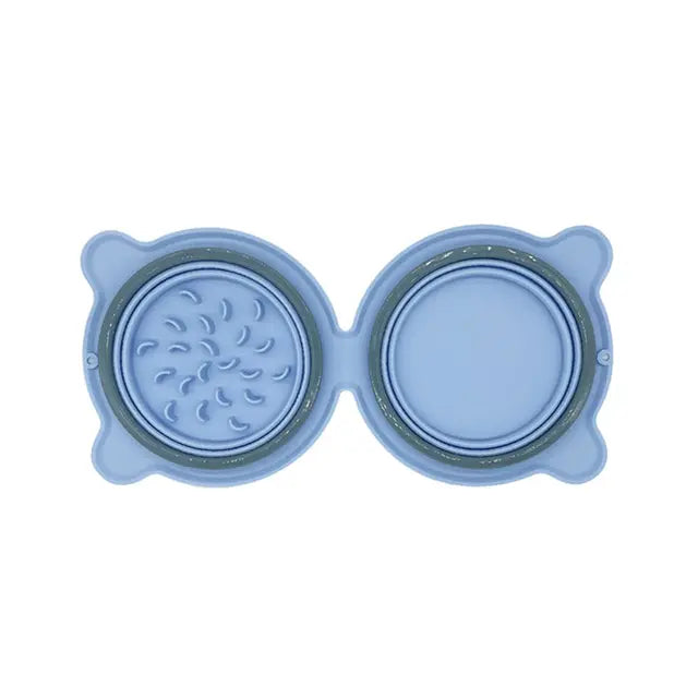 2-in-1 Collapsible Travel Slow Feeder - Portable Hydration & Feeding Station featuring a compact, foldable dual bowl design with one side textured for slow feeding and the other for water or hydration.