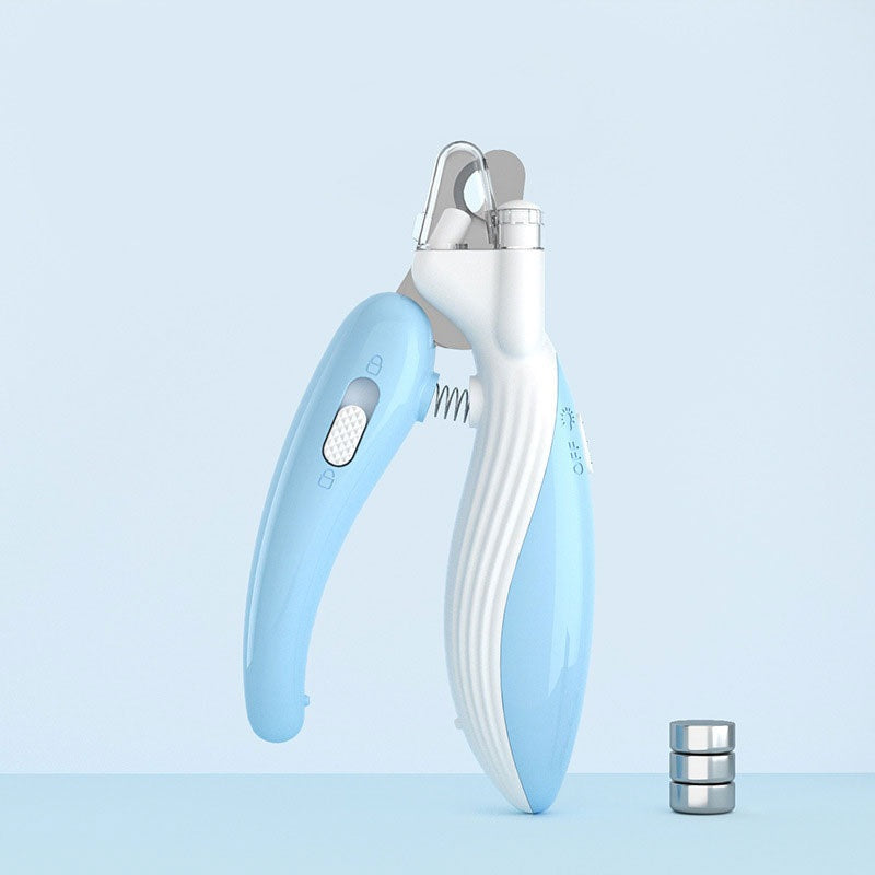 LED Illuminated Dog Nail Clippers - Professional Grooming Trimmer with Safety Guard in light blue and white, shown with adjustable metal weights for precision control.