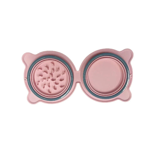 Pink 2-in-1 Collapsible Travel Slow Feeder - Portable Hydration & Feeding Station with a slow feeding bowl on the left and a smooth water bowl on the right, designed for convenient pet travel.