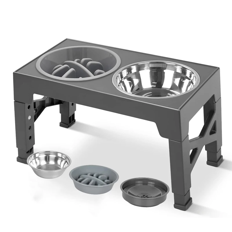 Adjustable Elevated Slow Feeding Station - Orthopedic Raised Stand with Anti-Choke Bowl featuring removable stainless steel bowls and adjustable legs for ergonomic pet feeding.