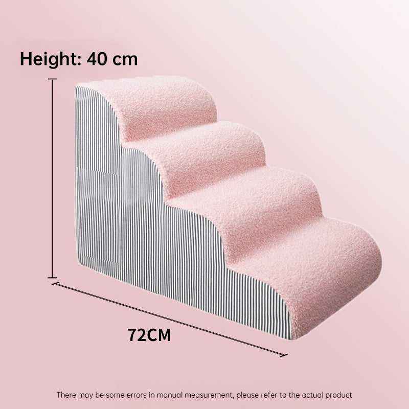 Orthopedic Curved Dog Ramp - High-Density Foam Pet Stairs for Small & Senior Pets - IVDD Safe, featuring soft pink textured steps and striped side panels measuring 40 cm high and 72 cm long.