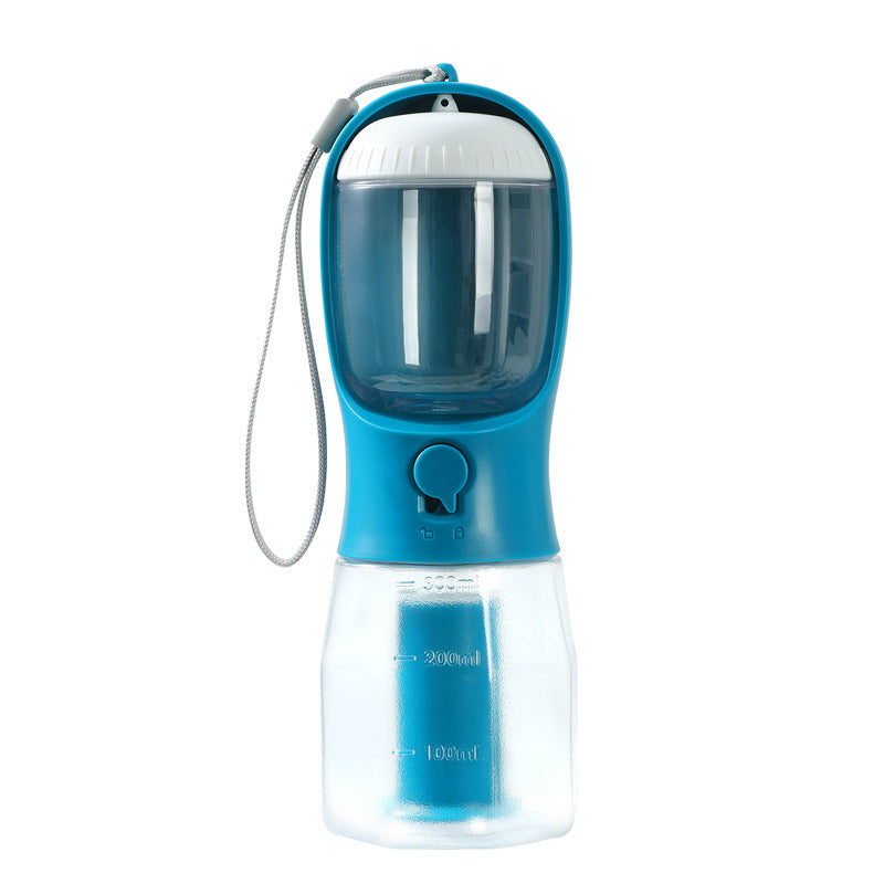 3-in-1 Pet Travel Station – Integrated Water, Food & Waste Management in blue with clear compartments and carrying strap, designed for convenient outdoor pet care on the go.