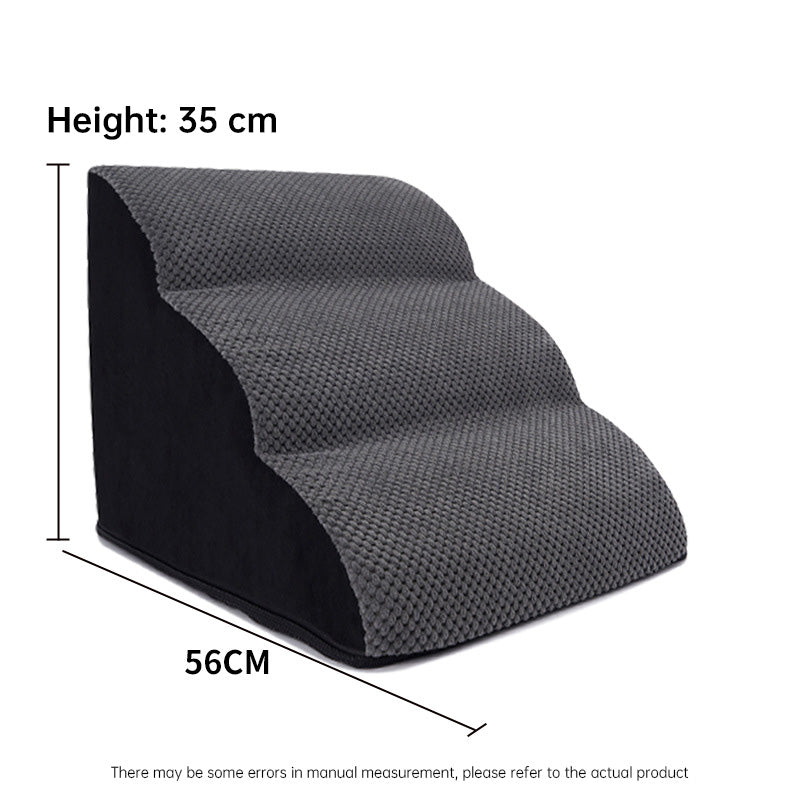Orthopedic Curved Dog Ramp - High-Density Foam Pet Stairs for Small & Senior Pets - IVDD Safe, shown in dark textured fabric with three curved steps designed for comfort and support.