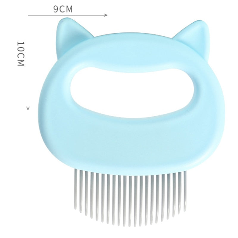 Light blue Feline Shell Massage Comb - Whisker-Friendly Soft-Needle Deshedding Tool with an ergonomic cat-ear shaped handle designed for gentle grooming.