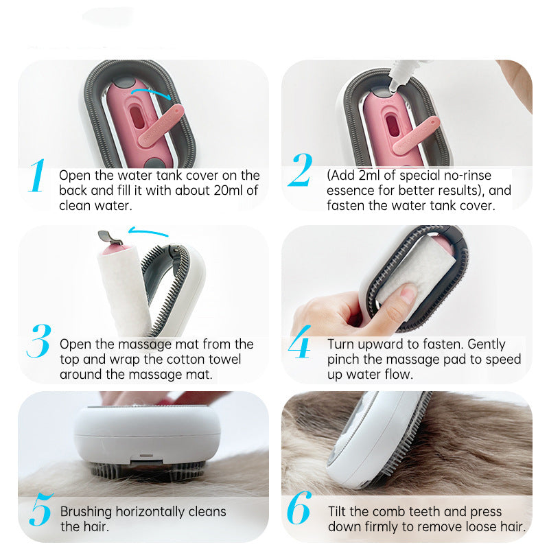 Step-by-step instructions showing how to use the 2-in-1 Water Tank Grooming Rake - Advanced Wet-Cleaning Deshedding Brush to add water and cleaning essence, wrap a cotton towel on the massage mat, and brush a pet’s fur for wet cleaning and hair removal.