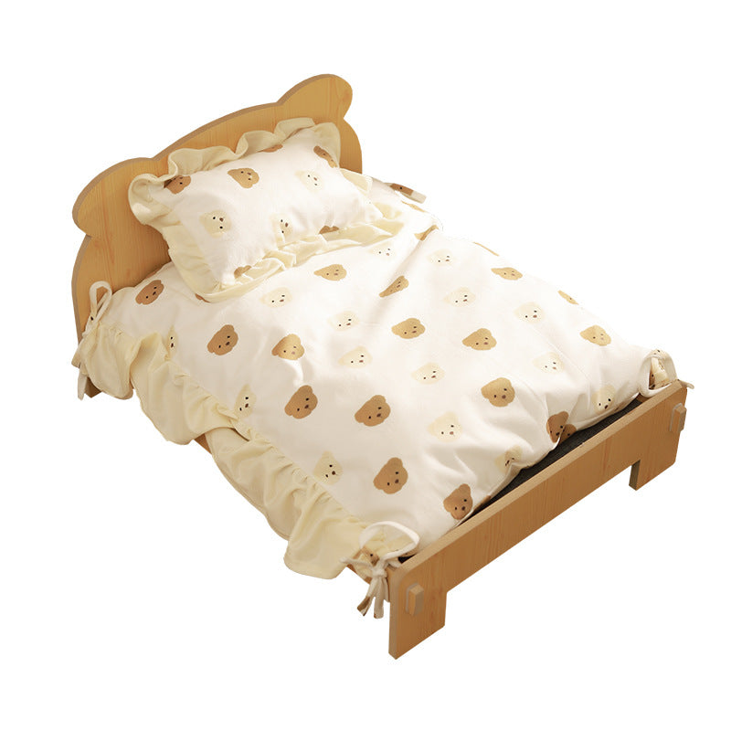 Solid Wood Luxury Pet Throne - Elevated Princess Bed with Removable Washable Cushion featuring a light wood frame and soft cream bedding with bear face patterns for a cozy pet retreat.