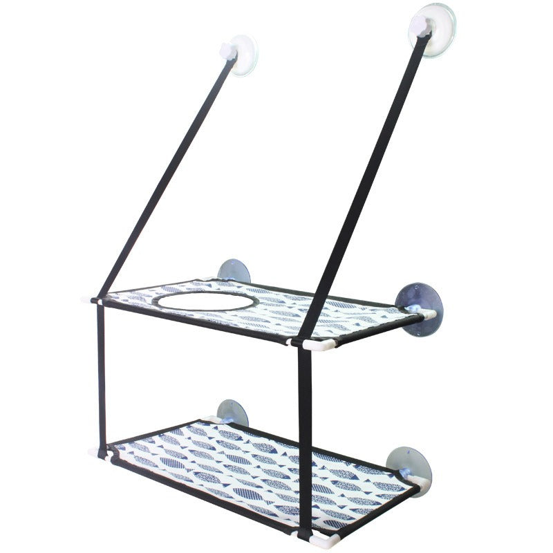 Double-Decker Cat Window Hammock - Multi-Level Sun Lounger & Space-Saving Glass-Mounted Perch with black straps and patterned fabric shelves, designed for cats to relax and enjoy window views.