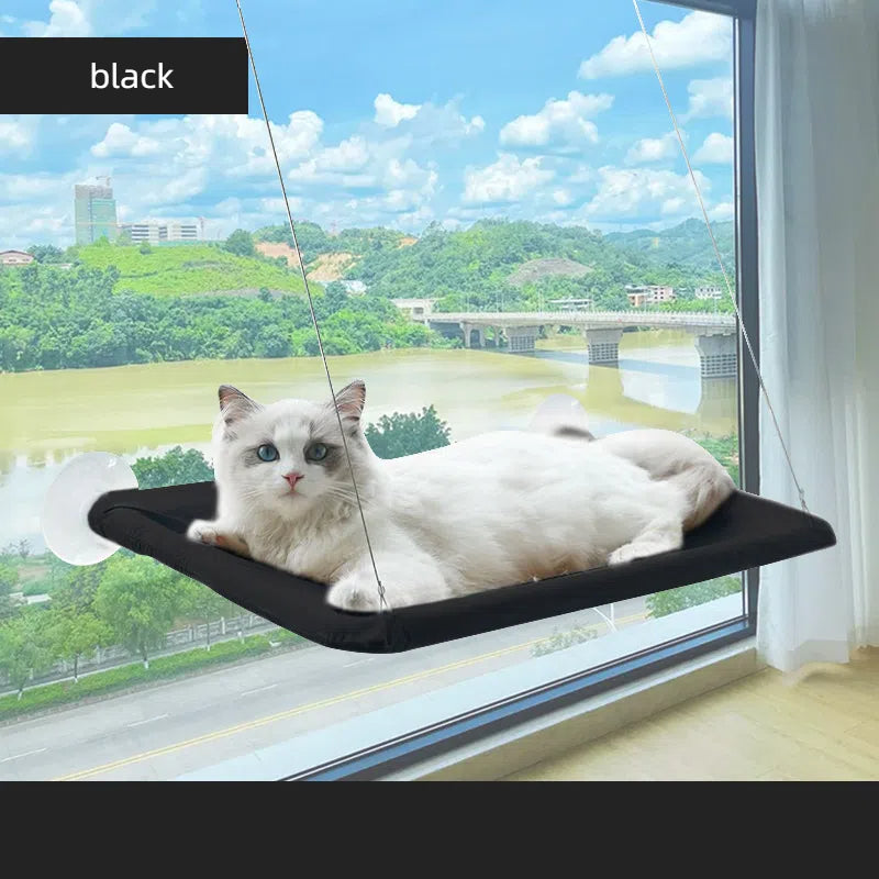 White cat relaxing on a black Foldable Cat Window Hammock - Space-Saving Suction Cup Perch & Elevated Sunbed mounted on a window overlooking a scenic river and greenery.