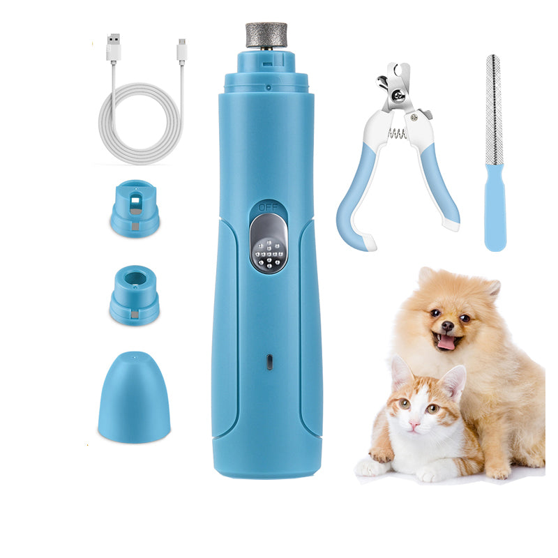 Professional Electric Pet Nail Grinder - Quiet USB Rechargeable Painless Trimmer in blue with multiple attachments, nail clippers, file, charging cable, and smiling dog and cat for safe grooming.