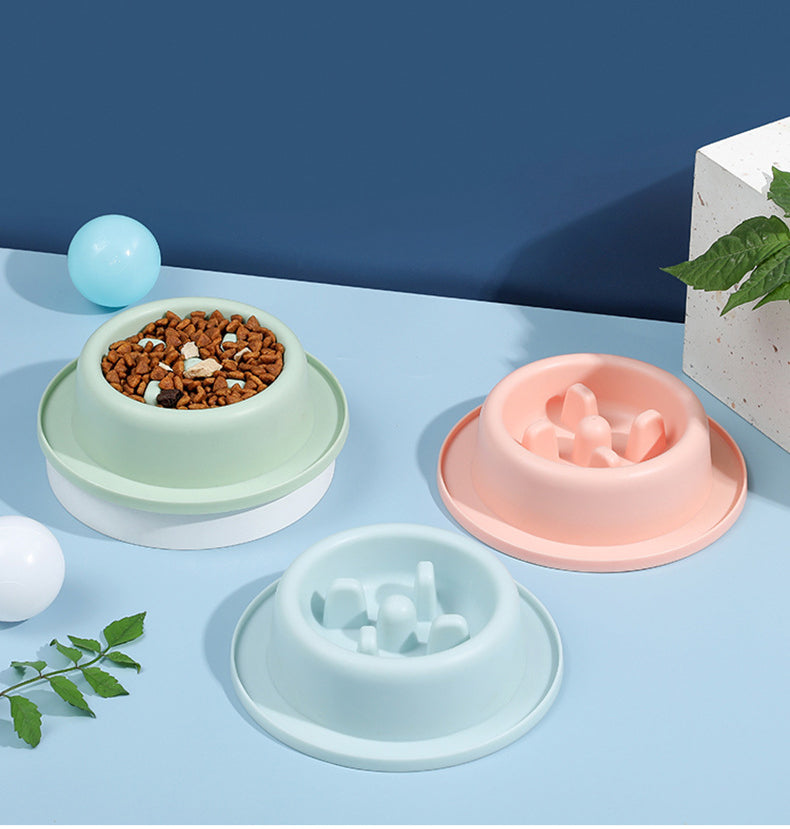 Three pastel-colored Minimalist Slow Feeder - Modern Anti-Vomit Bowl for Cats & Dogs in mint green, light pink, and light blue on a light blue surface with pet food inside one bowl and decorative plants and balls nearby.