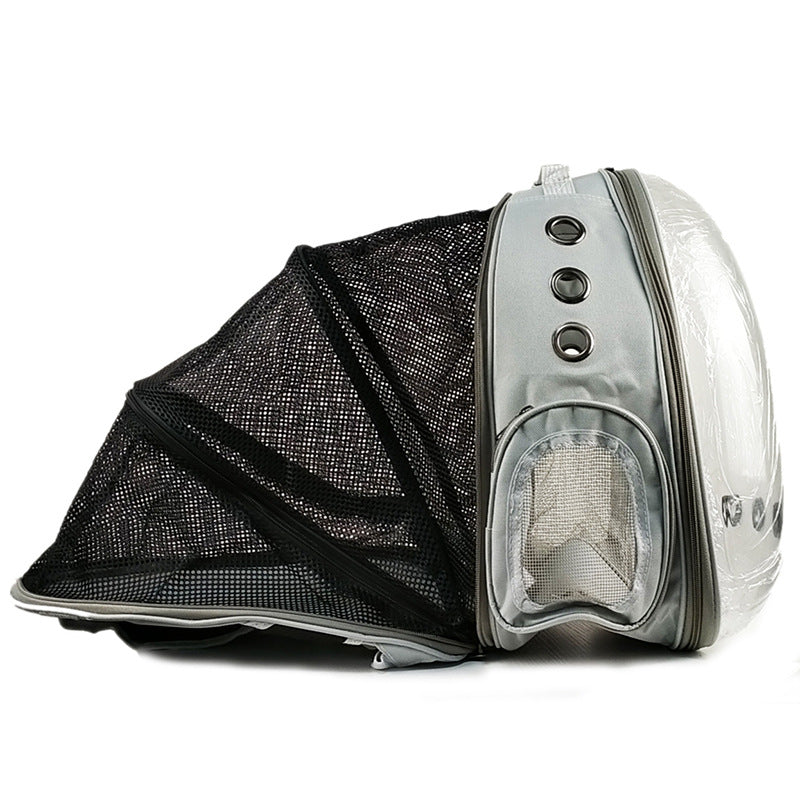 Panoramic Expandable Space Capsule - Premium Pet Travel Backpack in silver-gray with clear dome, breathable mesh expandable sides, ventilation grommets, and ergonomic design for pet comfort.