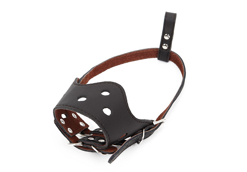 Professional Adjustable Basket Muzzle - Breathable Anti-Bite Security Shield made of black leather with ventilation holes and adjustable strap for secure fit.