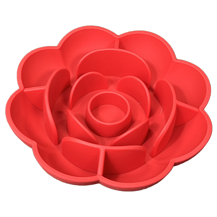 Red silicone flower-shaped slow feeder bowl designed to reduce eating speed and provide anxiety relief, featuring multiple raised partitions for effortless use, Silicone Flower Lick Bowl - Soothing Slow Feeder & Anxiety Relief Mat.
