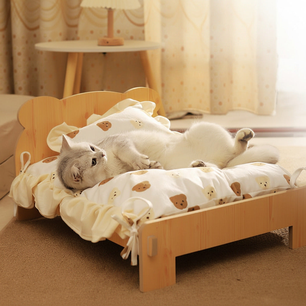 Cat lounging comfortably on a Solid Wood Luxury Pet Throne - Elevated Princess Bed with Removable Washable Cushion in a cozy, softly lit room.