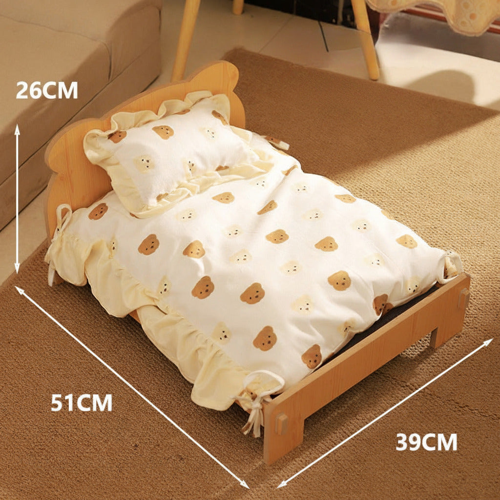 Solid Wood Luxury Pet Throne - Elevated Princess Bed with Removable Washable Cushion featuring a light wood frame and a soft cream cushion with bear patterns in an elegant pet sleeping setup.