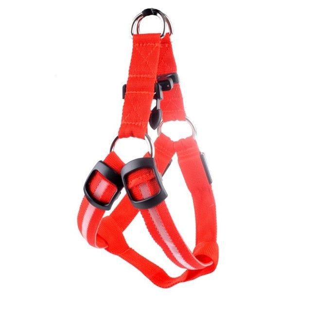 Night-Safety LED Glow Harness - USB Rechargeable Reflective Pet Vest in bright red with adjustable straps and reflective strip for high-visibility safety during nighttime walks.