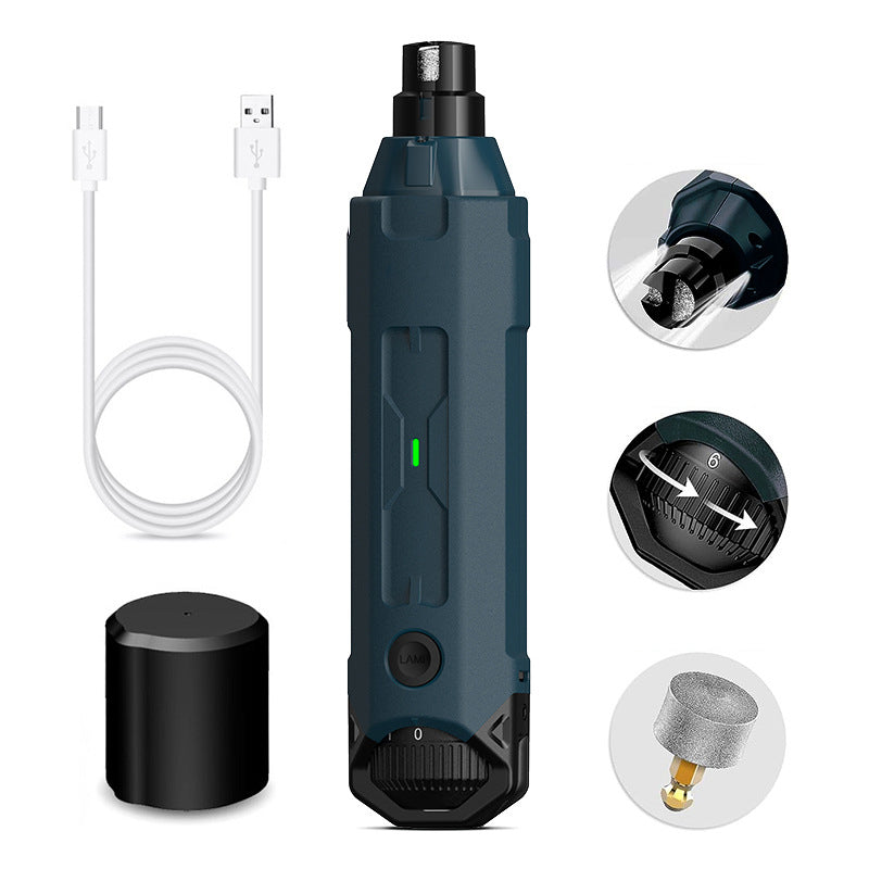 Elite Dual-Light Electric Pet Nail Grinder - High-Speed Precision Grooming Station shown with USB charging cable, protective cap, adjustable speed dial, and interchangeable grinding heads for safe pet nail care.