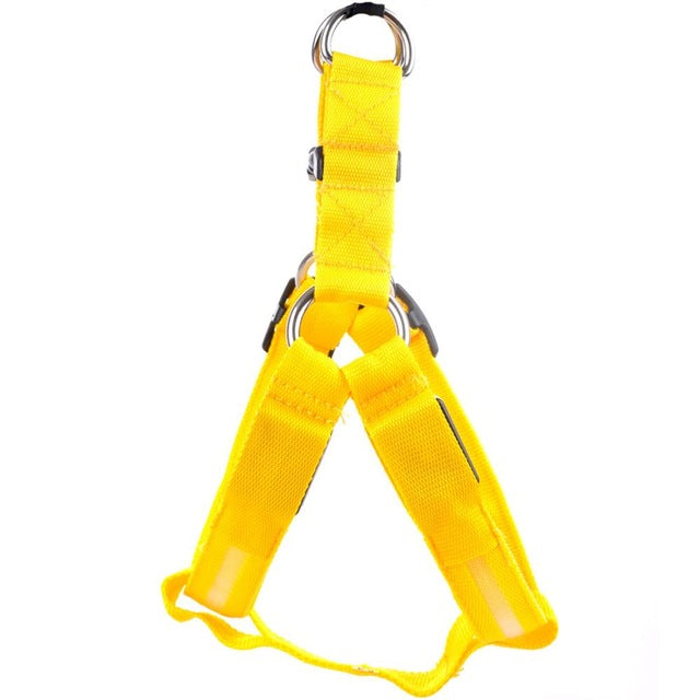 Night-Safety LED Glow Harness - USB Rechargeable Reflective Pet Vest in bright yellow, designed for high-visibility and safety during nighttime walks.