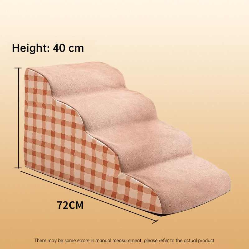 Orthopedic Curved Dog Ramp - High-Density Foam Pet Stairs for Small & Senior Pets - IVDD Safe in soft pink with checkered sides, featuring four steps measuring 40 cm tall and 72 cm long.