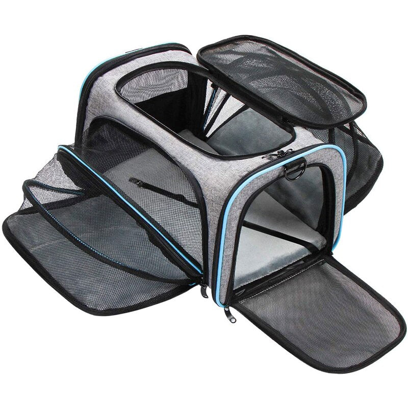 Professional Mesh Adventure Backpack - Expandable High-Ventilation Travel Carrier shown expanded with multiple mesh panels open for maximum airflow and accessibility.
