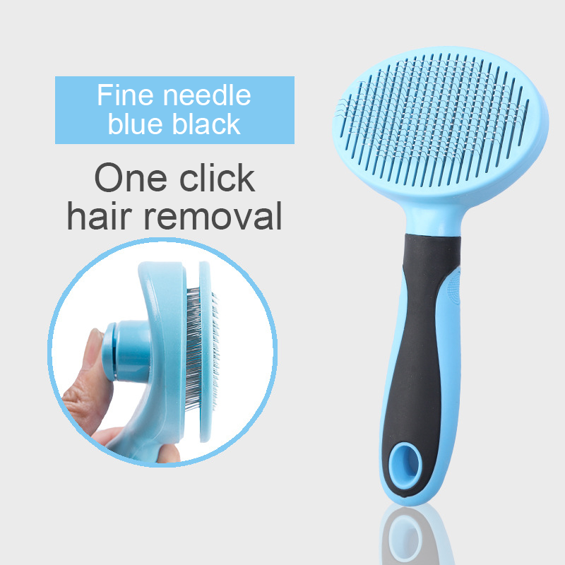 One-Click Self-Cleaning Slicker Brush - Professional Deshedding Tool in blue and black with fine needle bristles, featuring an ergonomic handle and easy one-click hair removal mechanism.