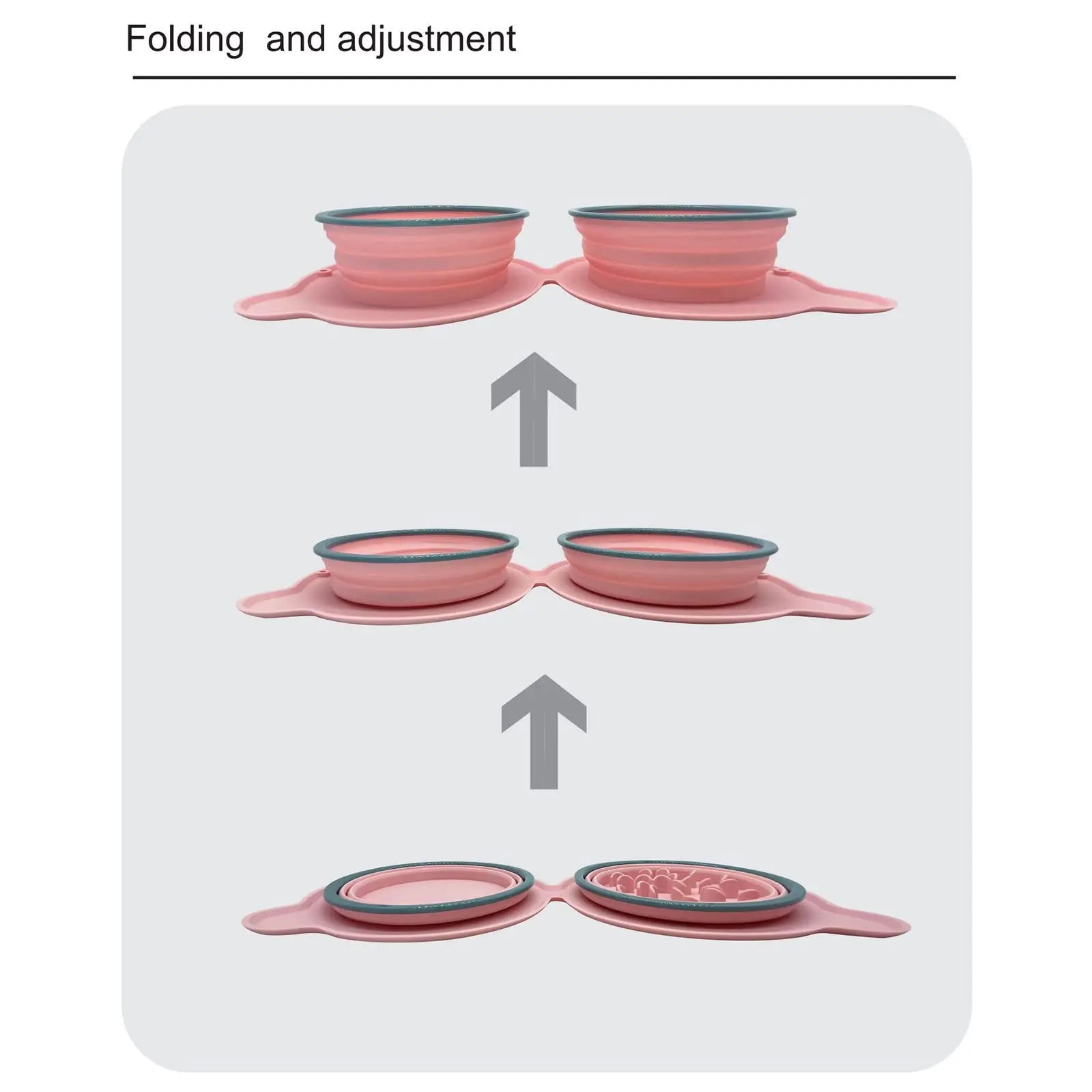 Demonstration of the 2-in-1 Collapsible Travel Slow Feeder - Portable Hydration & Feeding Station folding from a flat, collapsed state to an expanded, ready-to-use position in soft pink color.