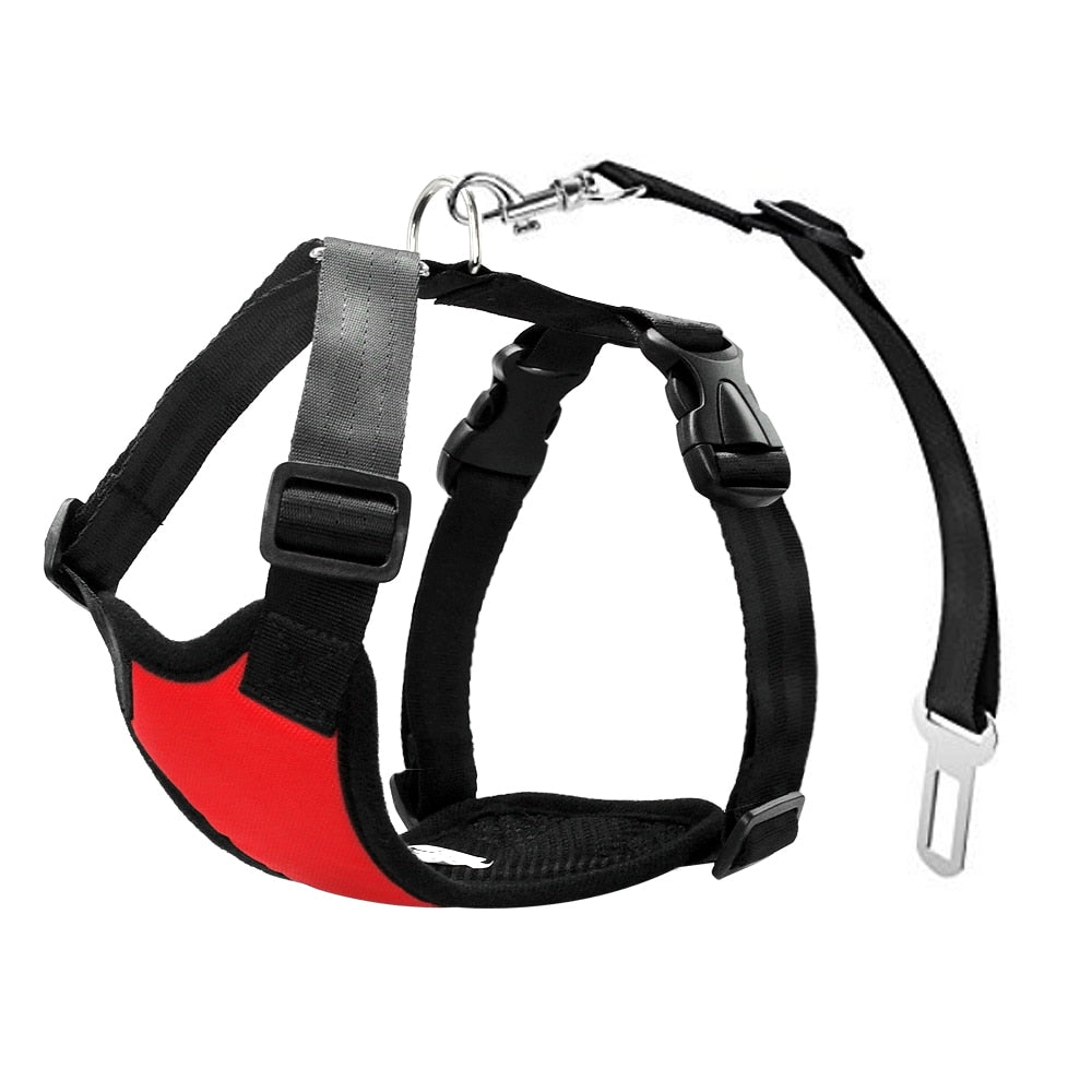 2-in-1 Dog Car Safety System - Breathable Mesh Harness & Adjustable Seatbelt Lead - No-Choke Vehicle Restraint shown in red and black with sturdy buckles and metal attachment for secure pet travel safety.