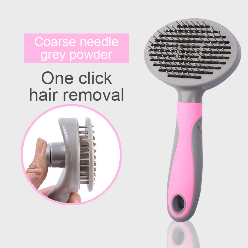One-Click Self-Cleaning Slicker Brush - Professional Deshedding Tool with coarse needle design, ergonomic grey and pink handle, and easy one-click hair removal feature.