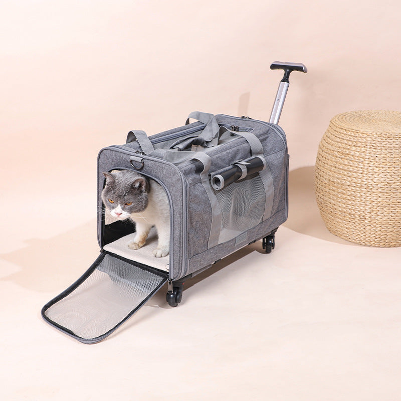 Elite Rolling Travel Trolley - Convertible 3-in-1 Professional Pet Case in grey with mesh ventilation, extended handle, and wheels featuring a cat stepping out of the front opening.
