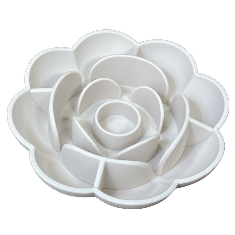 White Silicone Flower Lick Bowl - Soothing Slow Feeder & Anxiety Relief Mat designed with multiple compartments to encourage slow eating and reduce anxiety for pets.
