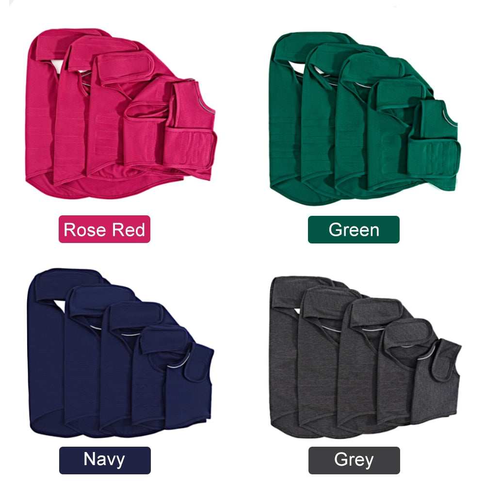 Set of Anti-Anxiety Compression Vest - Calming Pressure Wrap for Storms & Fireworks in rose red, green, navy, and grey colors, shown in multiple sizes for pets.