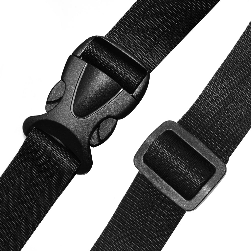 Close-up of a durable black adjustable strap with a quick-release buckle, part of the 2-in-1 Dog Car Safety System - Breathable Mesh Harness & Adjustable Seatbelt Lead - No-Choke Vehicle Restraint.