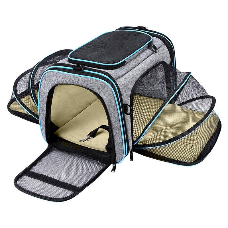 Professional Mesh Adventure Backpack - Expandable High-Ventilation Travel Carrier in grey with blue trim, featuring multiple mesh panels for airflow and expandable compartments for pet comfort and travel convenience.