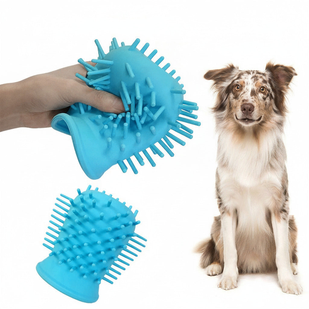 Person holding a flexible blue Soft Silicone 2-in-1 Dog Paw Cleaner & Grooming Brush with raised silicone bristles next to a sitting attentive dog with a white background.