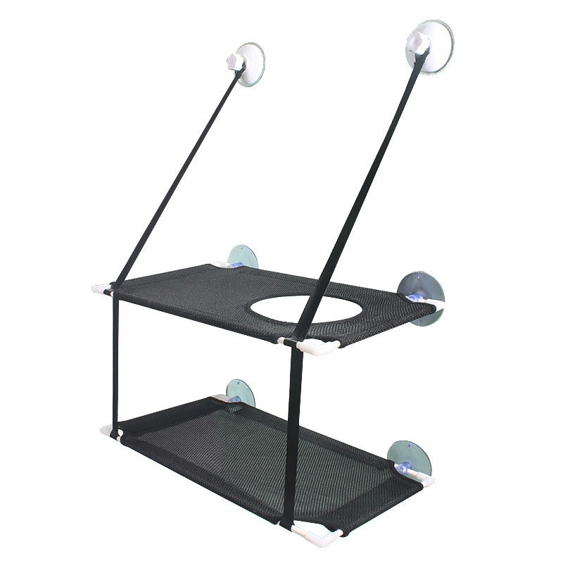 Black double-level mesh perch with suction cups and support straps designed for window mounting, shown as the Double-Decker Cat Window Hammock - Multi-Level Sun Lounger & Space-Saving Glass-Mounted Perch.