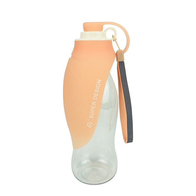 Large Silicone Leaf Bottle - 580ml Portable Travel Bottle with soft peach silicone leaf design, clear body, secure lid, and attached carrying strap for easy travel use.