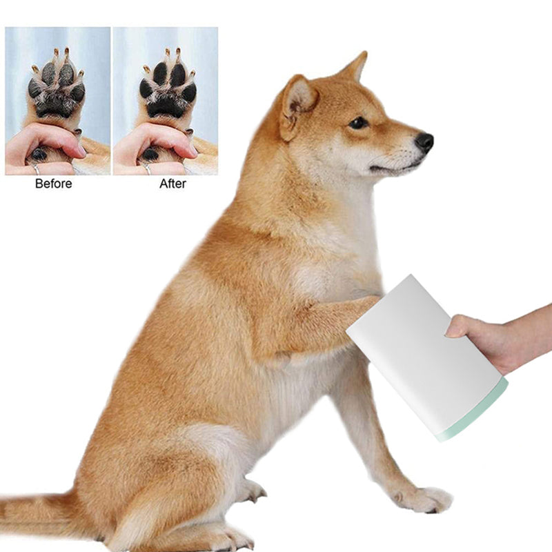 Shiba Inu dog lifting paw while being cleaned with Portable Dog Foot Washer - Professional Muddy Paw Cleaning Cup, showing before and after paw cleaning results.
