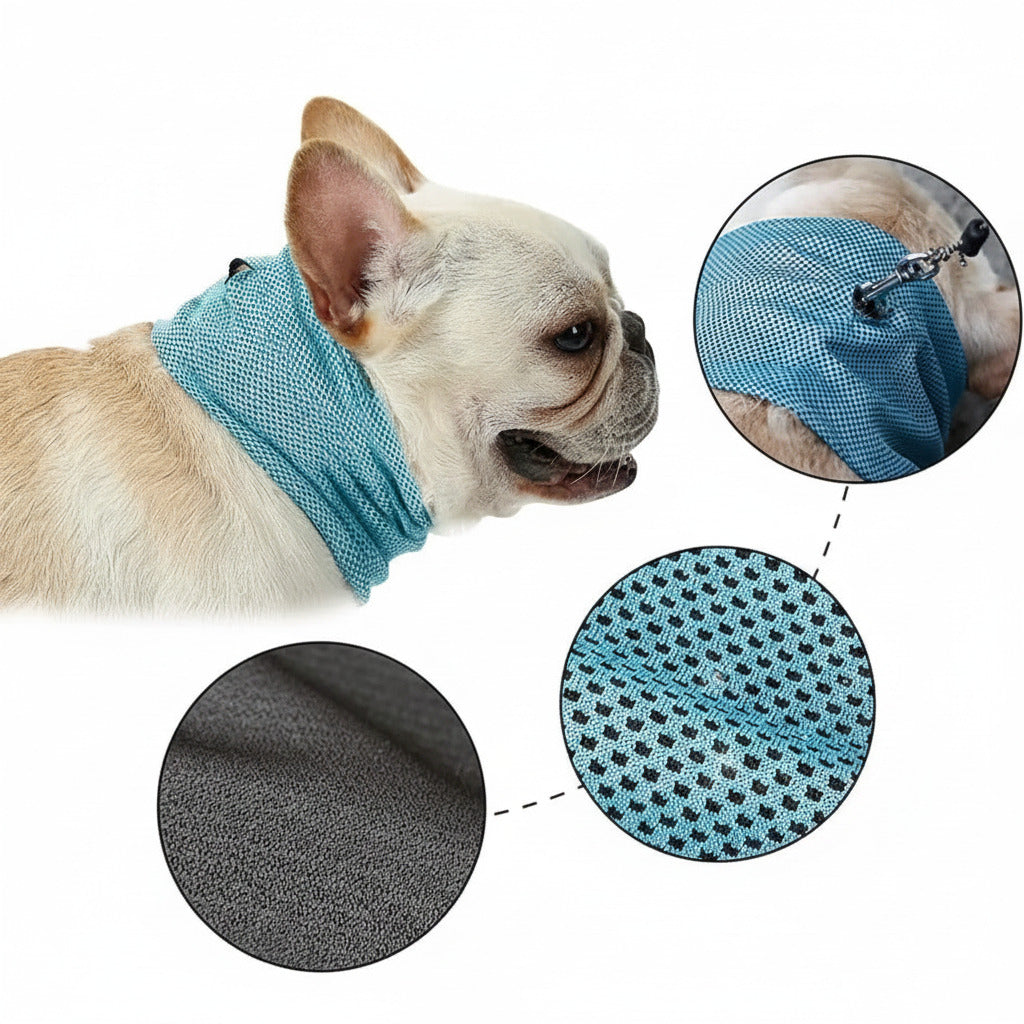 Small dog wearing a blue Instant-Refresh Cooling Bandana - Evaporative Heatstroke Prevention Collar with close-up views of the breathable textured fabric and adjustable strap detail designed for pet comfort and heat relief.