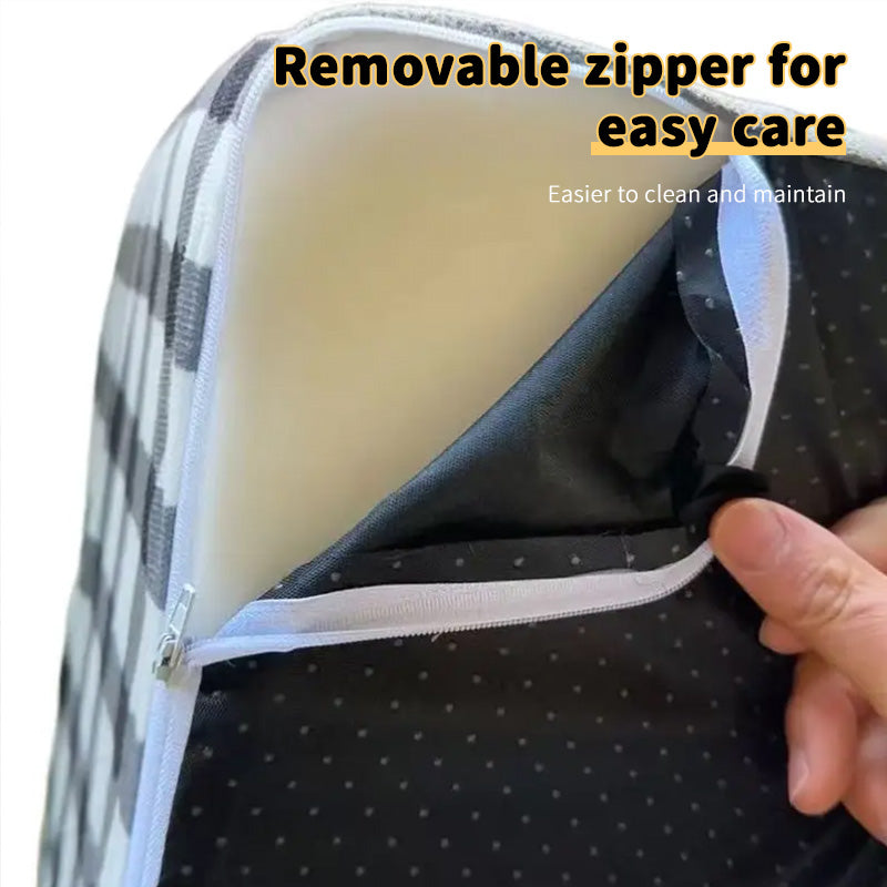 Close-up of a hand opening a zipper on a removable, easy-to-clean cover of the Tiered High-Density Foam Pet Stairs - Nonslip Pet Steps for High Beds & Sofas - Easy-Access Joint Support