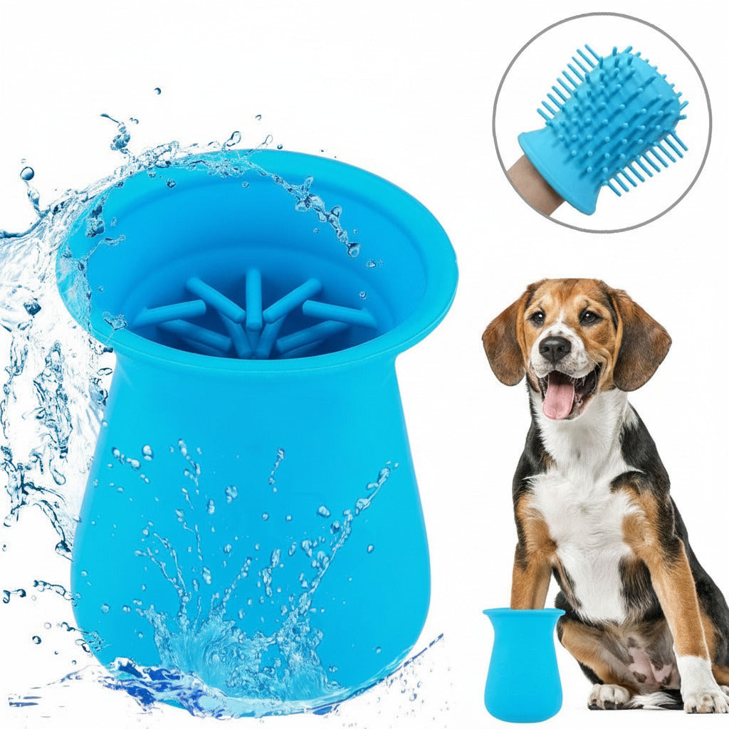 Bright blue Soft Silicone 2-in-1 Dog Paw Cleaner & Grooming Brush with soft silicone bristles shown with water splashing and a happy dog sitting beside it.