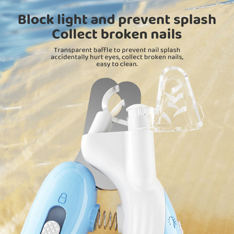 Close-up of LED Illuminated Dog Nail Clippers - Professional Grooming Trimmer with Safety Guard showing a transparent baffle designed to block light, prevent nail splash, and collect broken nails for safe and easy grooming.
